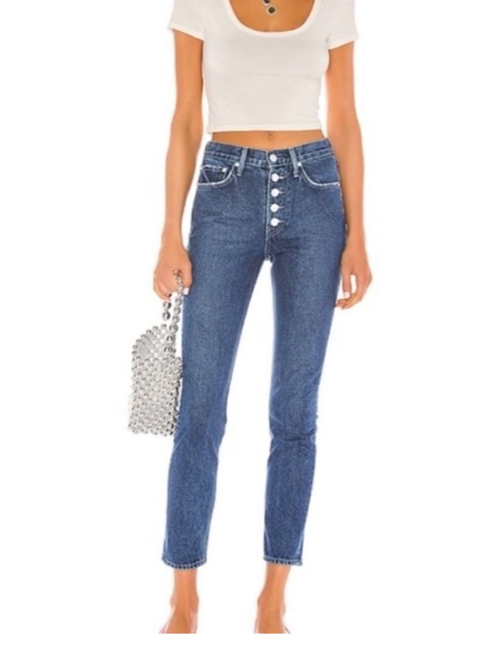 GRLFRND Karolina Dark Blue High-Rise Skinny Jeans with Exposed Button Fly